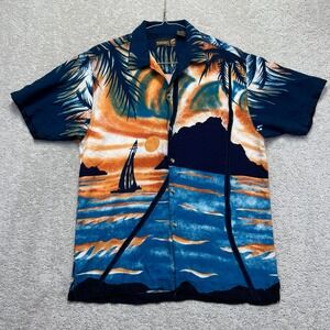VINTAGE Thums‎ Up Hawaiin Shirt Mens Small Blue Rayon Sunset Sailboat Tropical